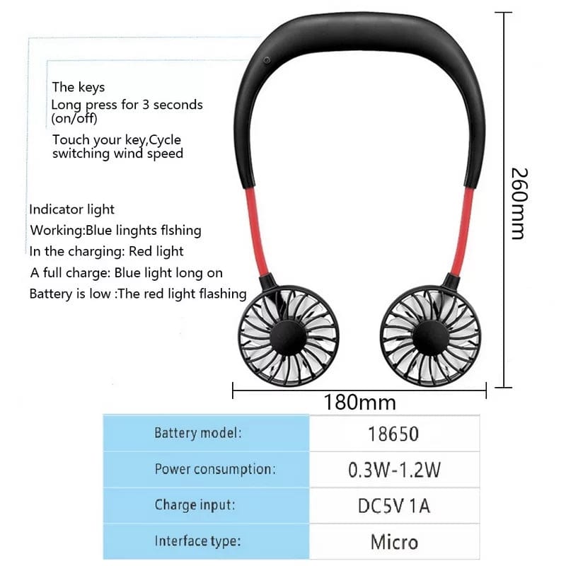 Portable Neck Fan – 360° Rotating Hands-Free USB Rechargeable Fan
